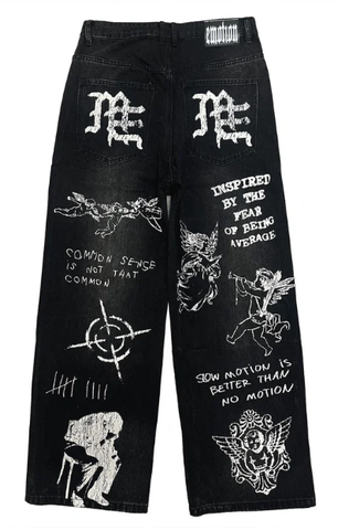 MIXED EMOTIO Sketch Art Graphic Distressed Baggy Black Denim Jeans