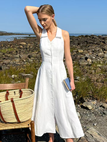Sleeveless Collared White Linen Midi Dress