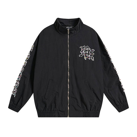 MIXED EMOTIO Rhinestone Logo Zip‑Up Stand Collar Windbreaker Jacket
