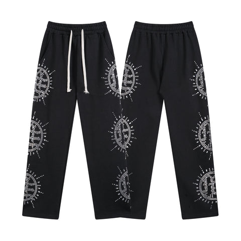 MIXED EMOTIO Rhinestone Sun Symbol Straight‑Leg Sweatpants