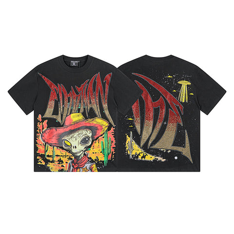 MIXED EMOTIO Cowboy Alien Desert Gradient Rhinestone Graphic Short Sleeve T‑Shirt