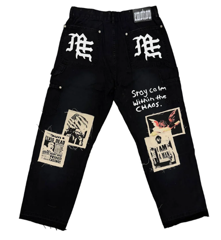 MIXED EMOTIO Vintage Poster Patchwork Distressed Carpenter Black Pants