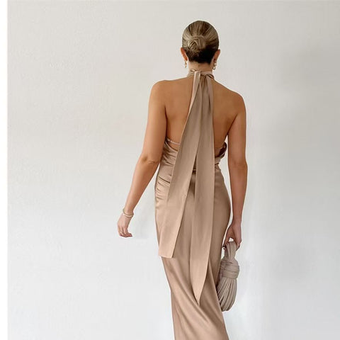 Ruched Halter Neck Midi Dress