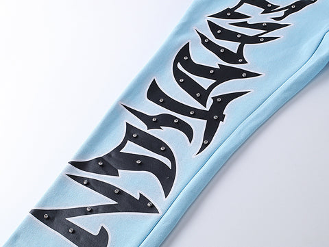 MIXED EMOTIO Studded Metal‑Font Light Blue Straight‑Leg Sweatpants