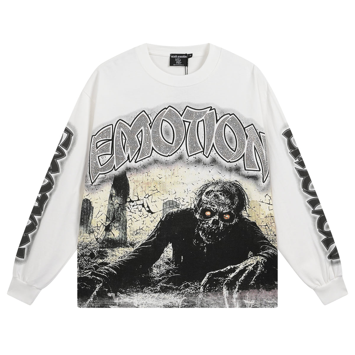 MIXED EMOTIO Graveyard Zombie Rhinestone Print White Long‑Sleeve T‑Shirt