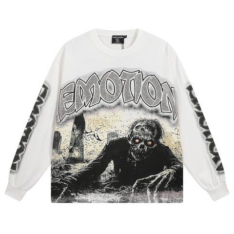 MIXED EMOTIO Graveyard Zombie Rhinestone Print White Long‑Sleeve T‑Shirt