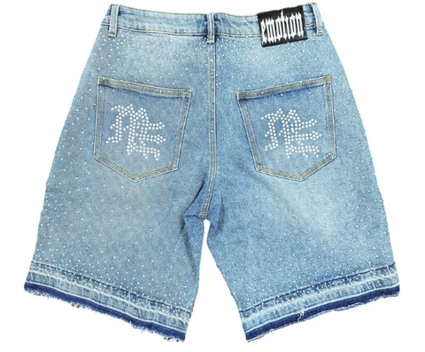 MIXED EMOTIO Rhinestone Cross Graphic Raw‑Edge Baggy Denim Jorts Light Wash