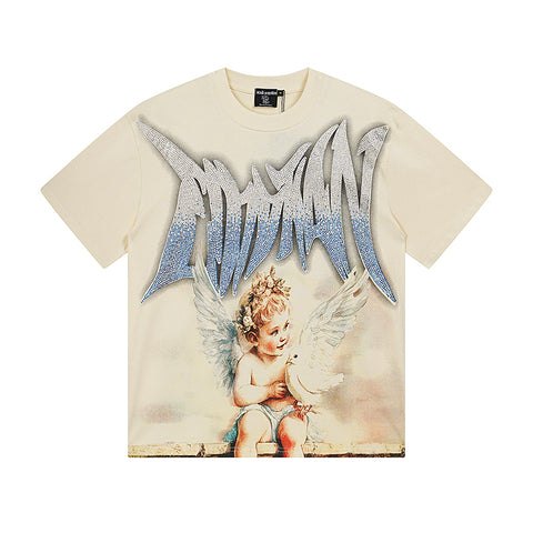 MIXED EMOTIO Cherub Dove Gradient Rhinestone Graphic Short Sleeve T‑Shirt