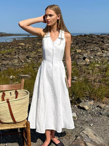 Sleeveless Collared White Linen Midi Dress