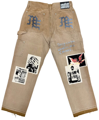 MIXED EMOTIO Vintage Poster Patchwork Distressed Carpenter Khaki Pants