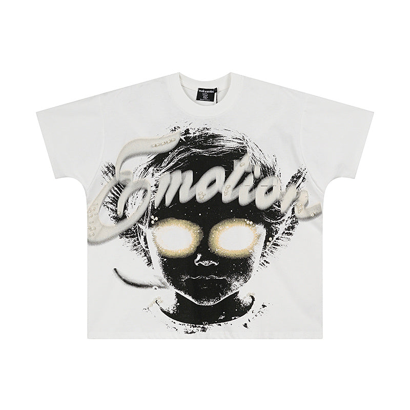 MIXED EMOTIO Glowing Eyes Dark Portrait Rhinestone Graphic Short Sleeve T‑Shirt