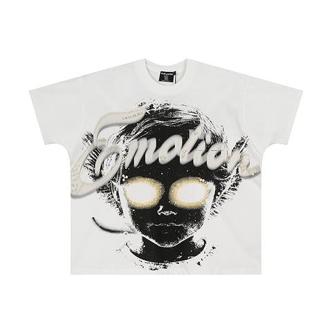 MIXED EMOTIO Glowing Eyes Dark Portrait Rhinestone Graphic Short Sleeve T‑Shirt