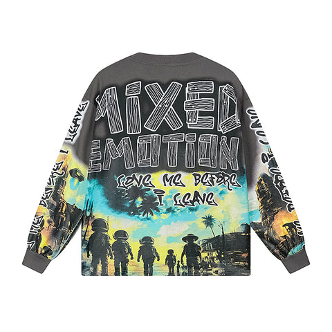 MIXED EMOTIO Tropical Astronaut Vintage Full‑Print Long‑Sleeve T‑Shirt