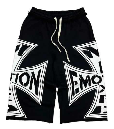 MIXED EMOTIO Big Cross Logo Raw‑Edge Wide Leg Sweat Shorts Black