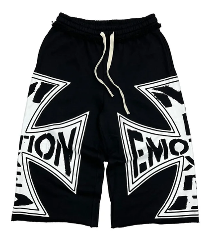 MIXED EMOTIO Big Cross Logo Raw‑Edge Wide Leg Sweat Shorts Black