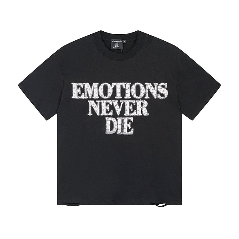 MIXED EMOTIO Emotions Never Die Distressed Text Graphic Short Sleeve T‑Shirt