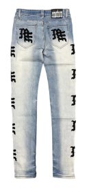 MIXED EMOTIO Gothic Logo Side‑Print Slim Denim Jeans Light Blue Wash
