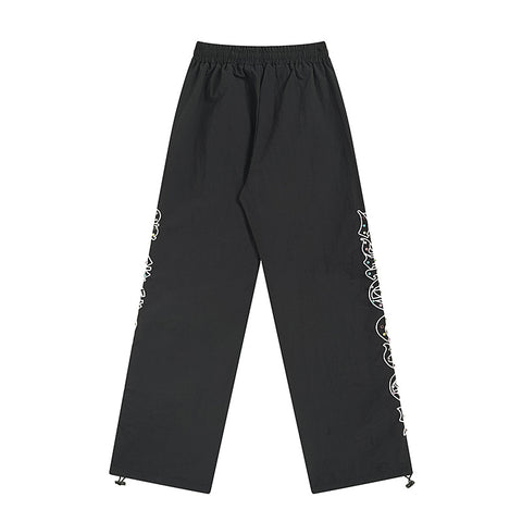 MIXED EMOTIO Rhinestone Letter Print Wide‑Leg Nylon Track Pants