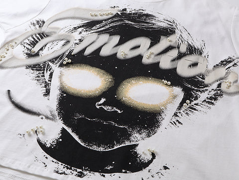 MIXED EMOTIO Glowing Eyes Dark Portrait Rhinestone Graphic Short Sleeve T‑Shirt