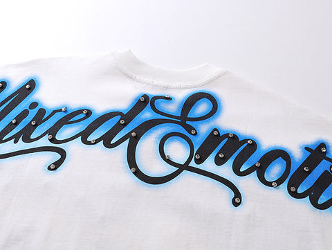 MIXED EMOTIO Vintage Angel Rhinestone Cursive Graphic Short Sleeve T‑Shirt