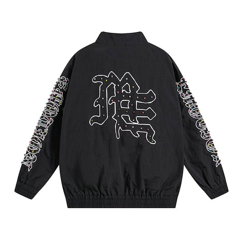 MIXED EMOTIO Rhinestone Logo Zip‑Up Stand Collar Windbreaker Jacket