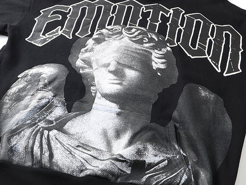MIXED EMOTIO Blindfolded Statue Angel Graphic Pullover Hoodie Black