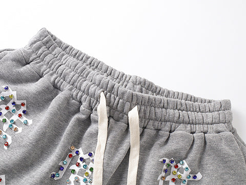 MIXED EMOTIO Multi‑Color Rhinestone Character Graphic Grey Sweat Shorts