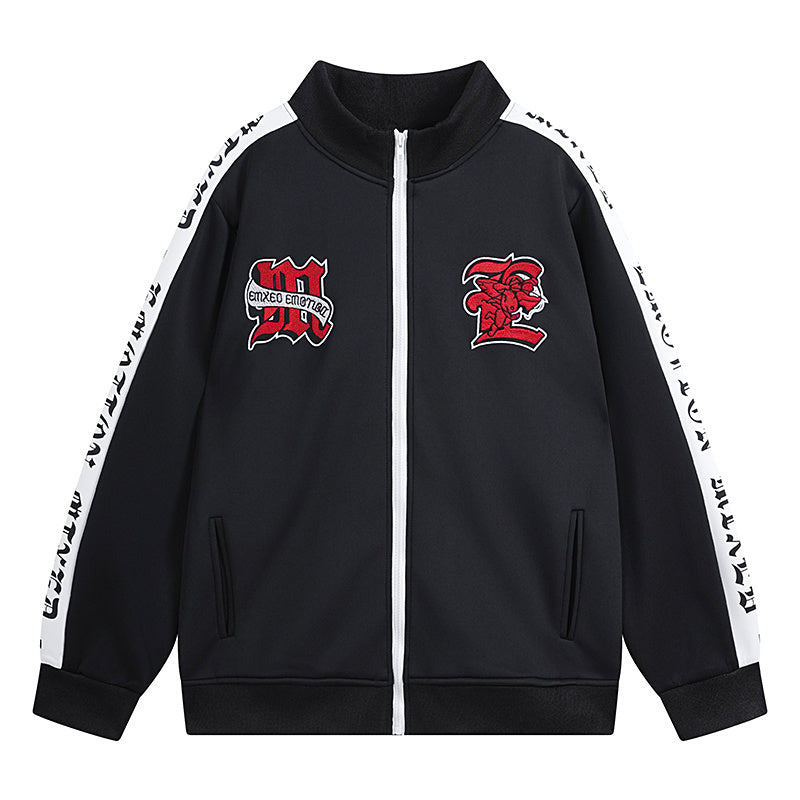 MIXED EMOTIO Gothic Logo Striped Sleeve Zip‑Up Track Jacket