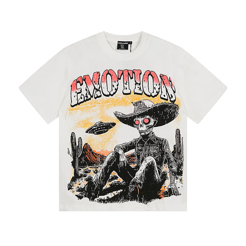 MIXED EMOTIO Skeleton Cowboy Desert UFO Gradient Graphic Short Sleeve T‑Shirt