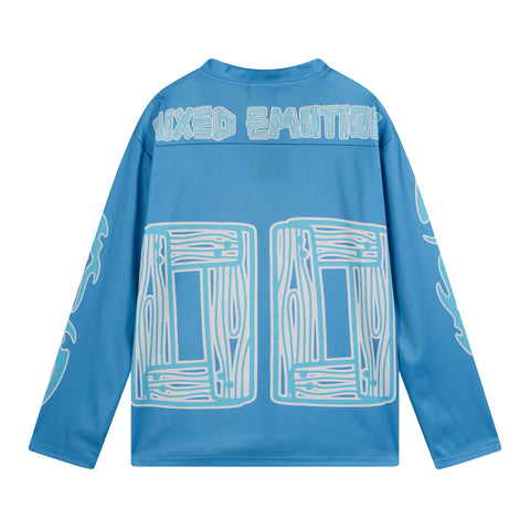 MIXED EMOTIO 00 Wood Grain Print Blue V‑Neck Hockey Jersey Long‑Sleeve Top