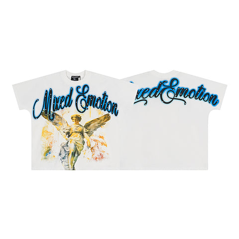 MIXED EMOTIO Vintage Angel Rhinestone Cursive Graphic Short Sleeve T‑Shirt