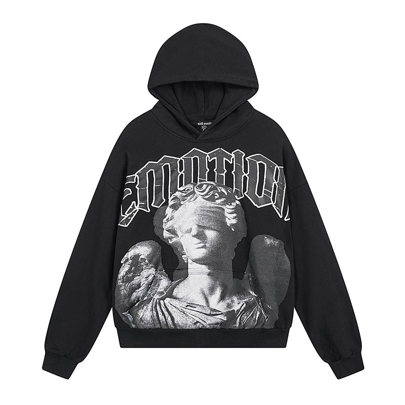 MIXED EMOTIO Blindfolded Statue Angel Graphic Pullover Hoodie Black