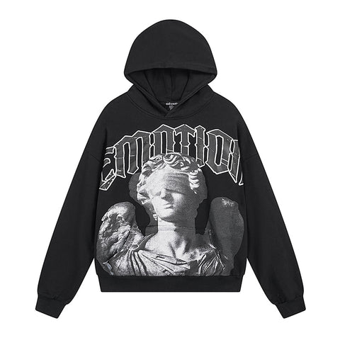 MIXED EMOTIO Blindfolded Statue Angel Graphic Pullover Hoodie Black