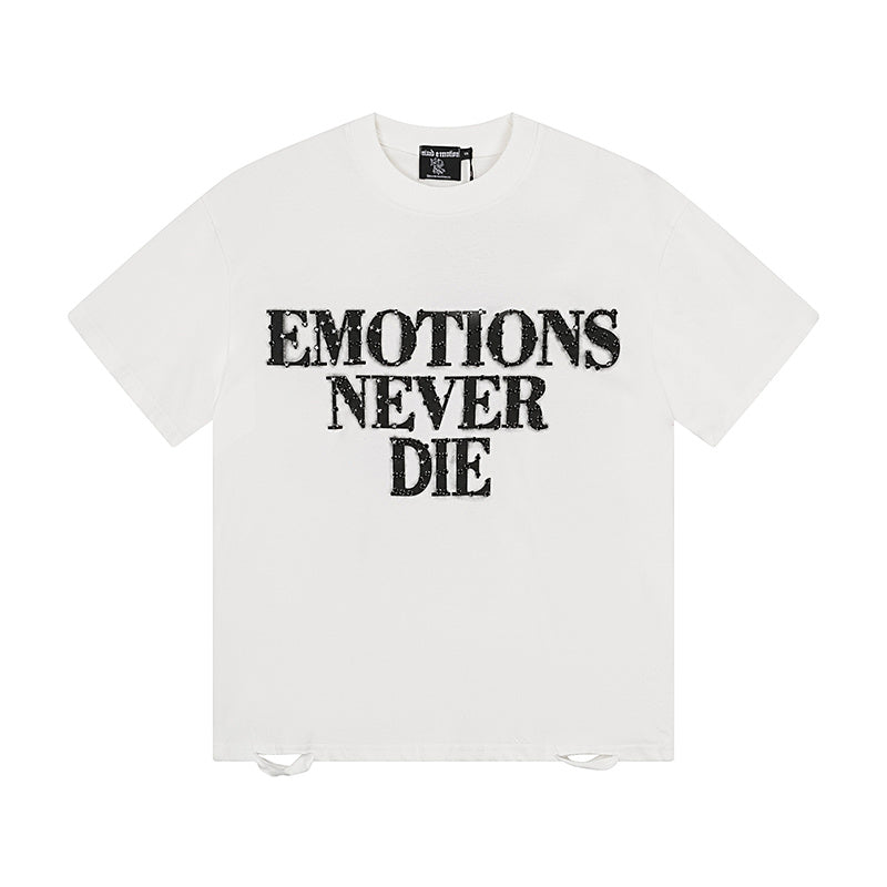 MIXED EMOTIO Emotions Never Die Black Distressed Text Graphic Short Sleeve T‑Shirt