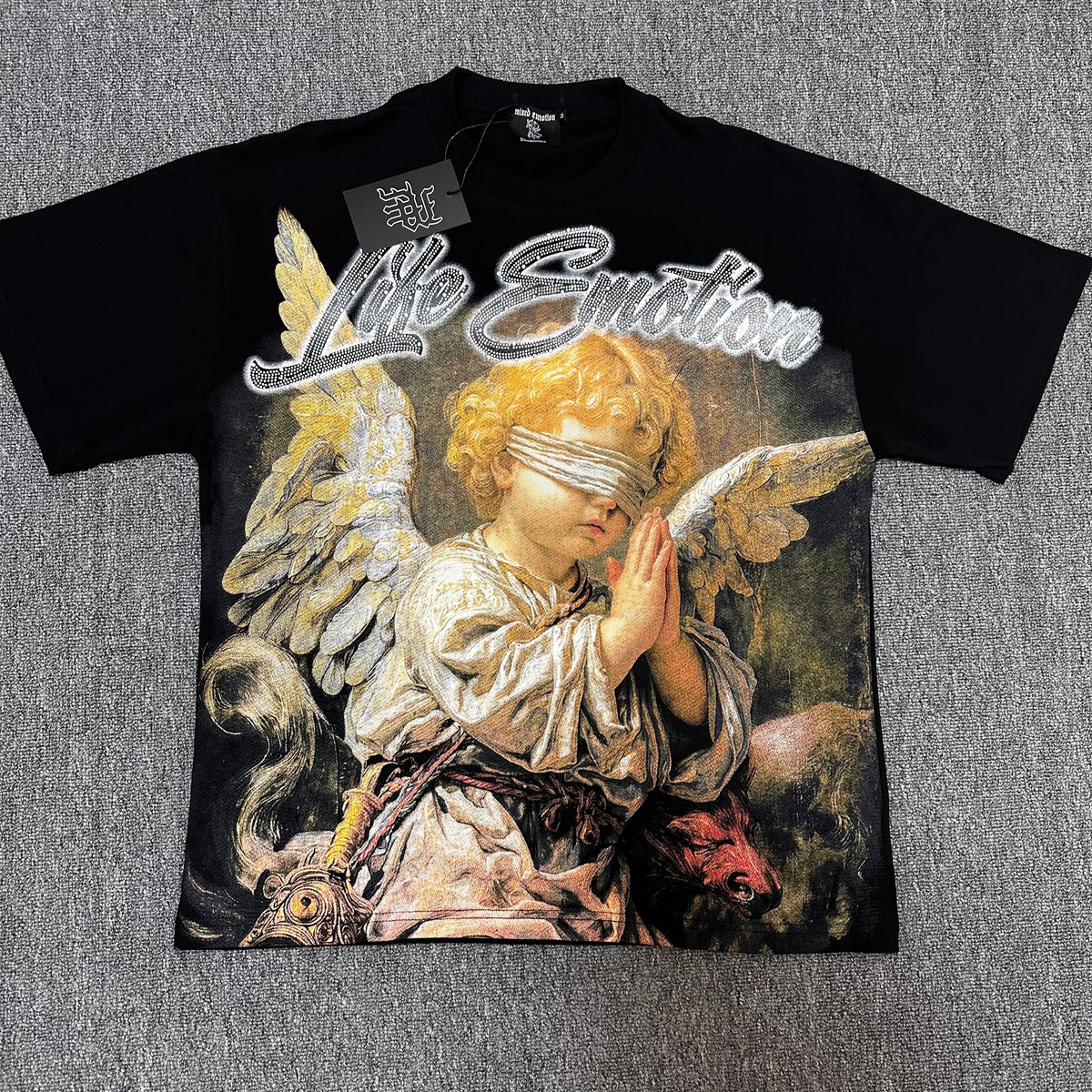 MIXED EMOTIO Life Emotion Praying Blindfold Angel Black Short Sleeve T‑Shirt