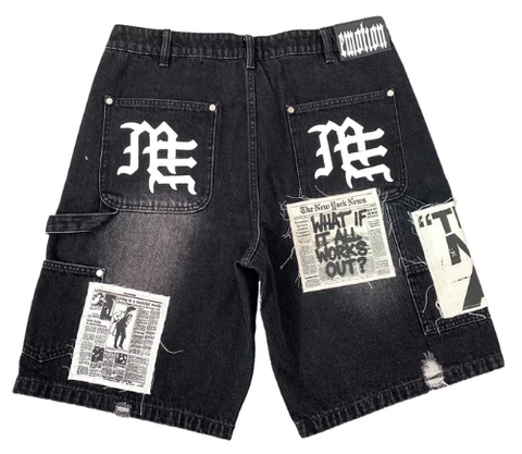 MIXED EMOTIO Slogan Patchwork Distressed Carpenter Denim Jorts Black Wash