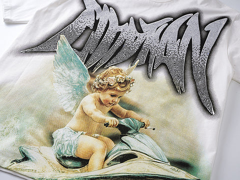 MIXED EMOTIO Cherub Jet‑Ski Silver Rhinestone Graphic Short Sleeve T‑Shirt