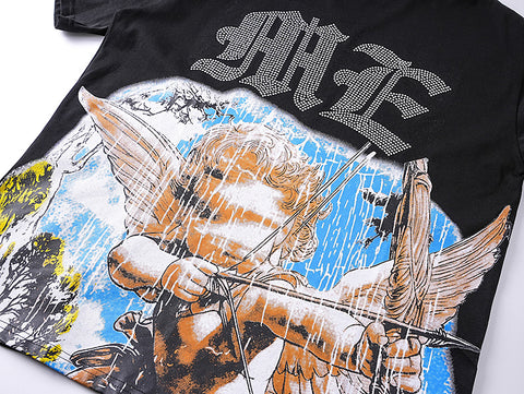MIXED EMOTIO Cupid Angel Black Vintage Graphic Short Sleeve T‑Shirt