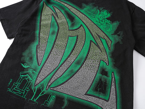 MIXED EMOTIO Lizard Biker Gradient Rhinestone Graphic Short Sleeve T‑Shirt