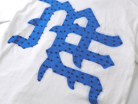 MIXED EMOTIO Emotions Never Die Blue Rhinestone Text Graphic Short Sleeve T‑Shirt