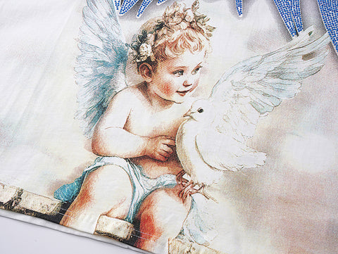 MIXED EMOTIO Cherub Dove Gradient Rhinestone White Graphic Short Sleeve T‑Shirt