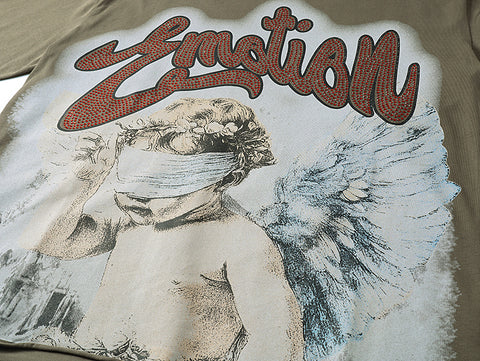 MIXED EMOTIO Blindfolded Cherub Rhinestone Olive Graphic Short Sleeve T‑Shirt