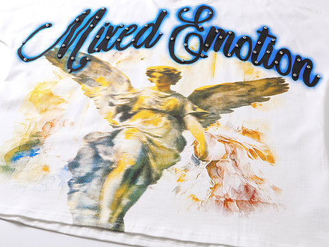 MIXED EMOTIO Vintage Angel Rhinestone Cursive Graphic Short Sleeve T‑Shirt