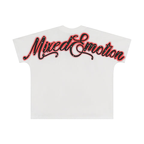 MIXED EMOTIO Abstract Angel Red‑Glow Rhinestone Cursive Graphic Short Sleeve T‑Shirt