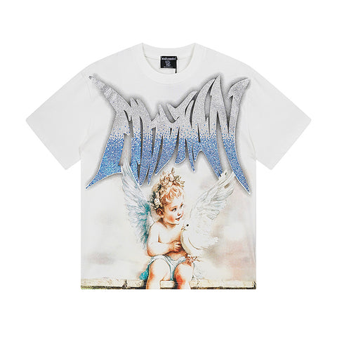 MIXED EMOTIO Cherub Dove Gradient Rhinestone White Graphic Short Sleeve T‑Shirt