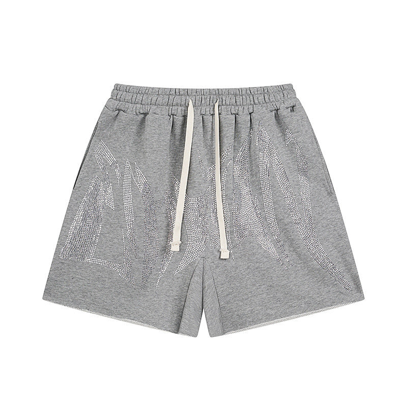 MIXED EMOTIO Rhinestone Heavy Metal Font Grey Sweat Shorts