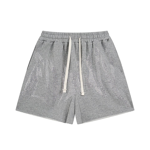 MIXED EMOTIO Rhinestone Heavy Metal Font Grey Sweat Shorts