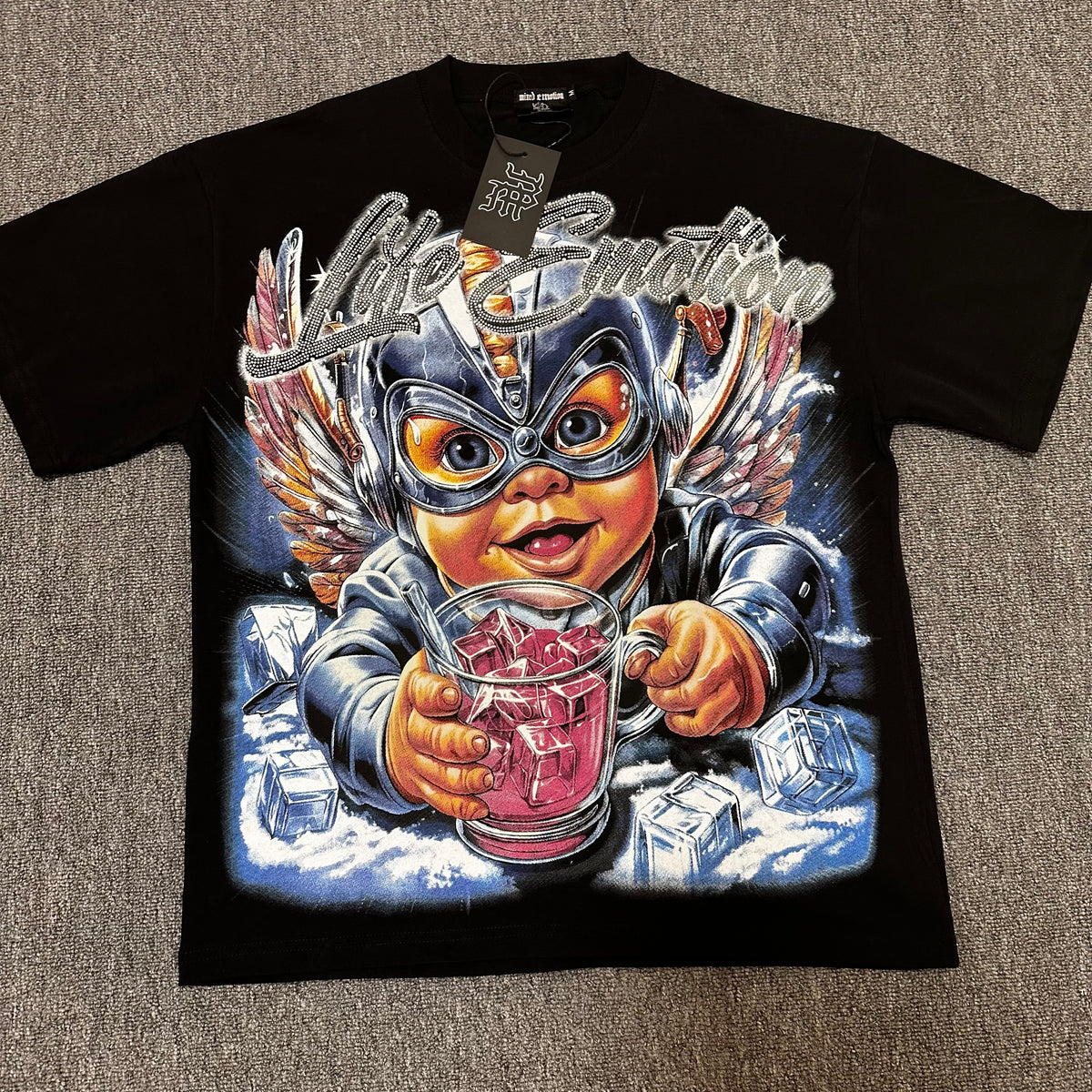 MIXED EMOTIO Life Emotion Masked Angel Drink Graphic Black Short Sleeve T‑Shirt