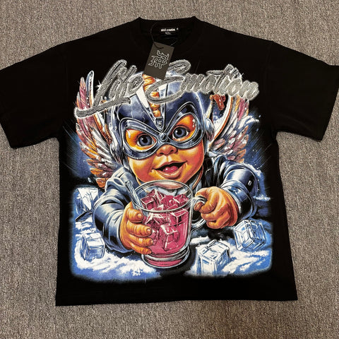 MIXED EMOTIO Life Emotion Masked Angel Drink Graphic Black Short Sleeve T‑Shirt