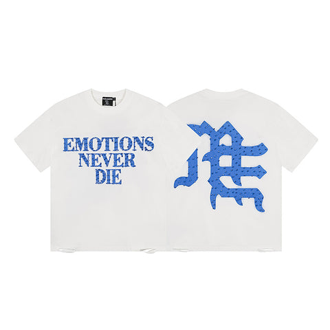 MIXED EMOTIO Emotions Never Die Blue Rhinestone Text Graphic Short Sleeve T‑Shirt